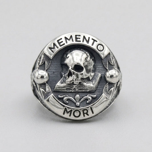 Memento Mori Skull Open Book Signet Ring