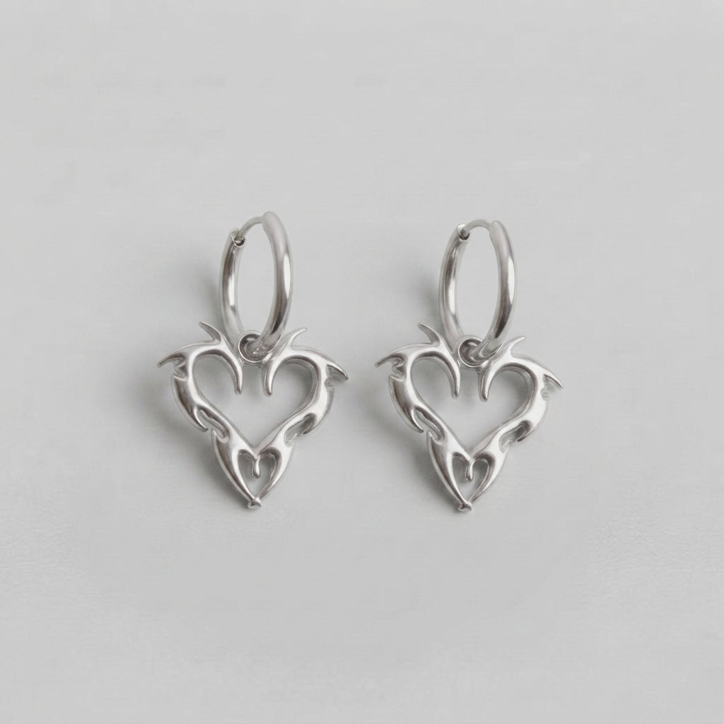 Tribal Flame Heart Silver Hoop Earrings