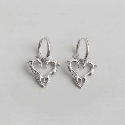 Tribal Flame Heart Silver Hoop Earrings