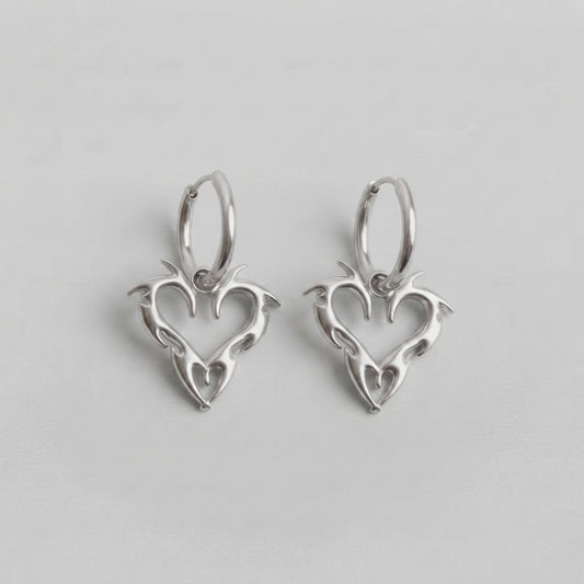 Tribal Flame Heart Silver Hoop Earrings