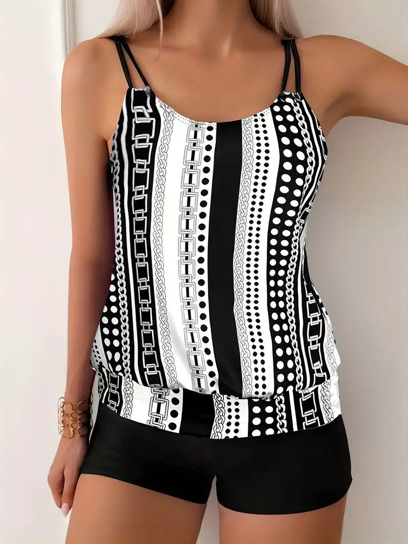 Striped tankini with print