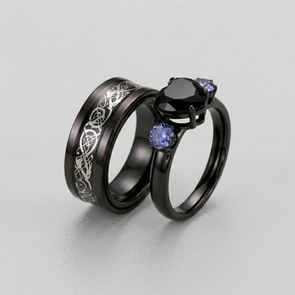 Black Gothic Heart Ring Set