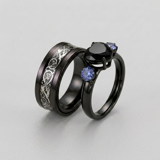Black Gothic Heart Ring Set
