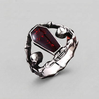 Coffin Stone Ring with Skeleton Hand and Skull Details