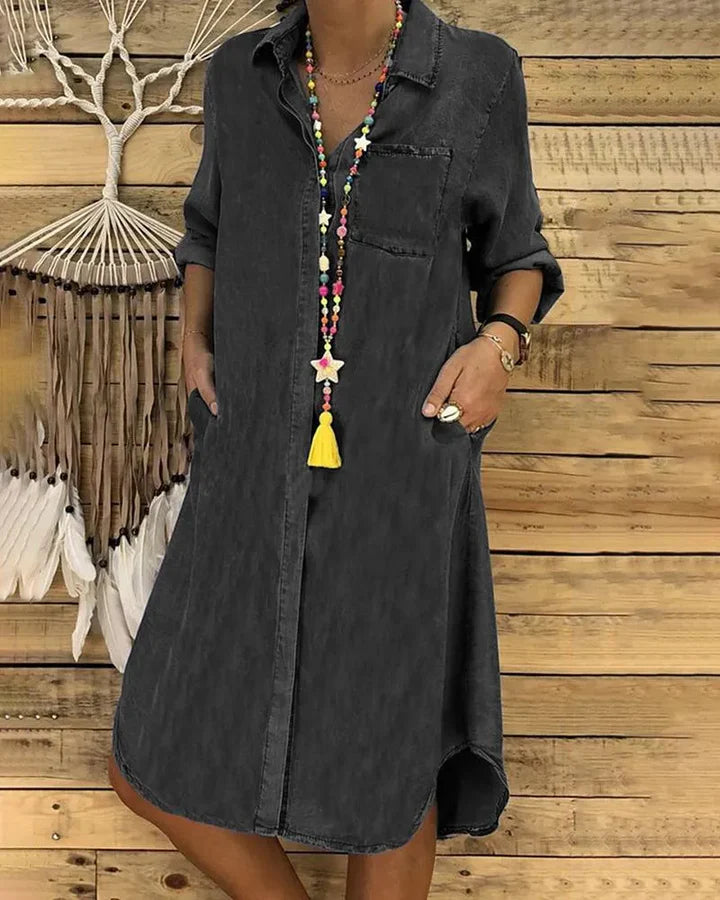 Denim Button Front Shirt Dress With Pockets