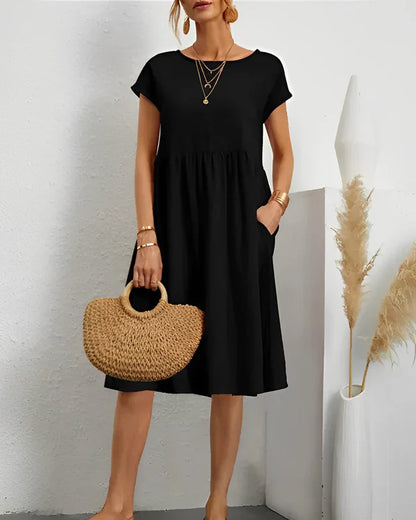 Cotton Gathered Waist Pocket Dress