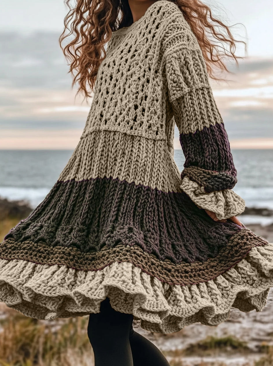 Women's Celtic Knotted Color Block Jacquard Crew Neck Sweater Dress elevenforest