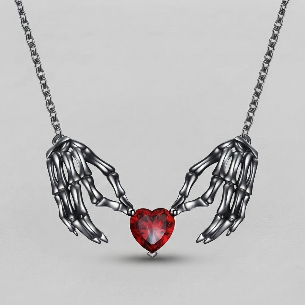 Skeleton Hands Red Heart Necklace