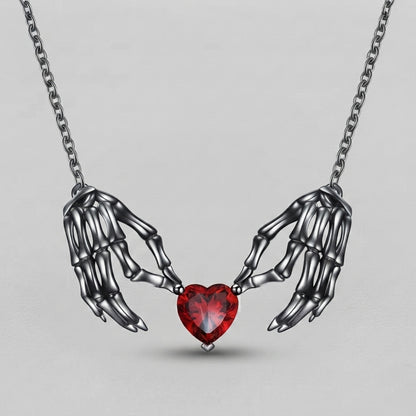 Skeleton Hands Red Heart Necklace