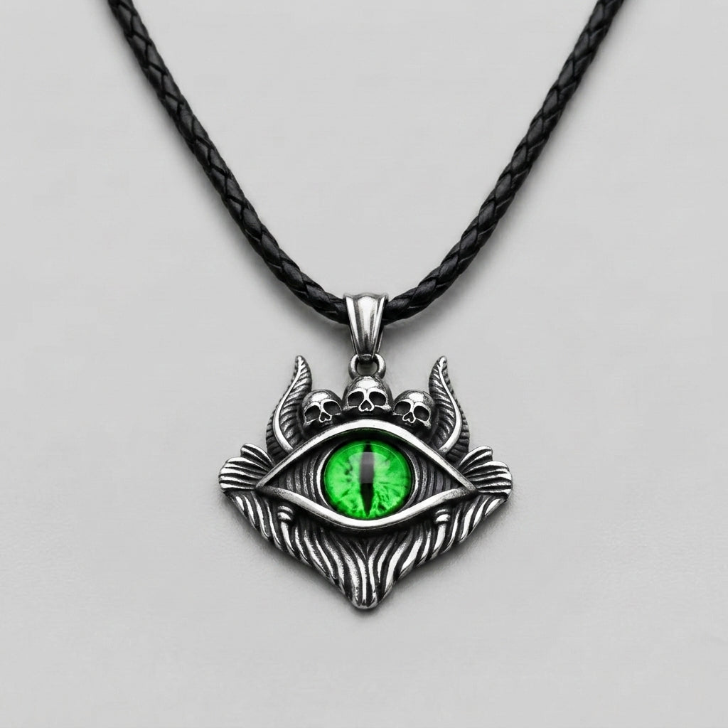 Dragon Eye Pendant with Skulls – Green Gemstone Necklace