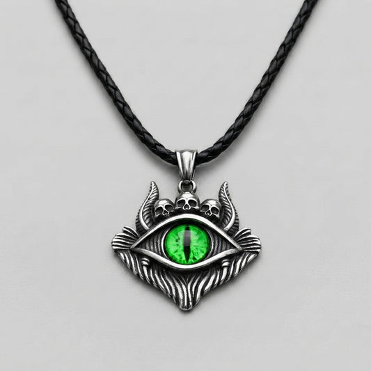 Dragon Eye Pendant with Skulls – Green Gemstone Necklace
