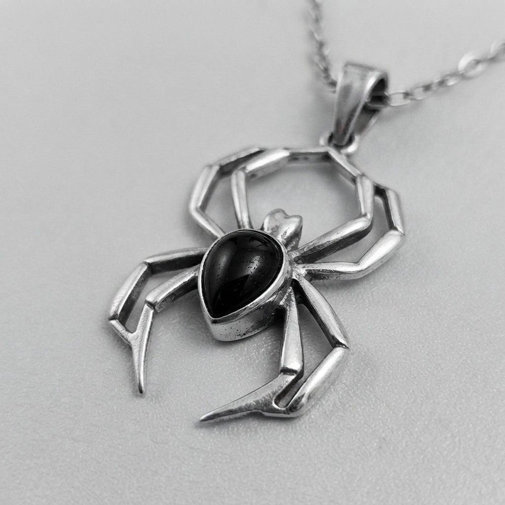 Black Gemstone Spider Pendant Necklace