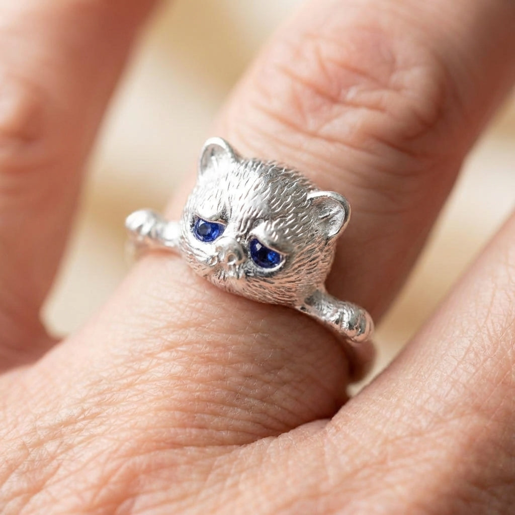 Adjustable 925 Sterling Silver Kitten Ring