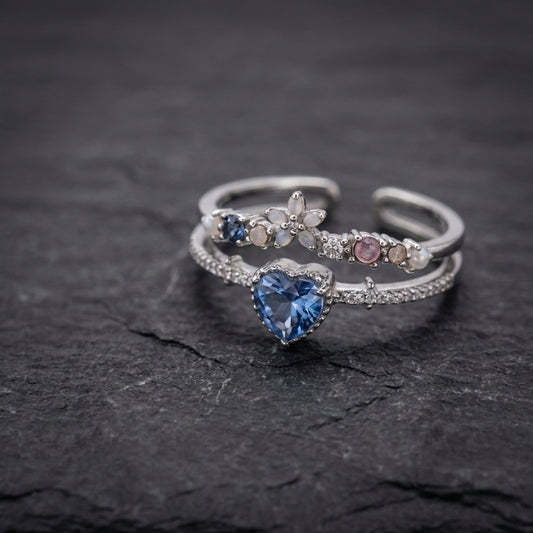 Adjustable Blue Stone Ring With Zirconia In Sterling Silver
