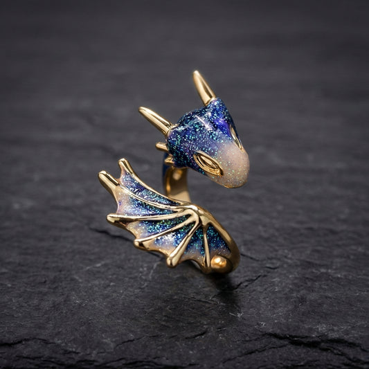 Adjustable Dragon Ring In Silver And Hand Painted Enamel