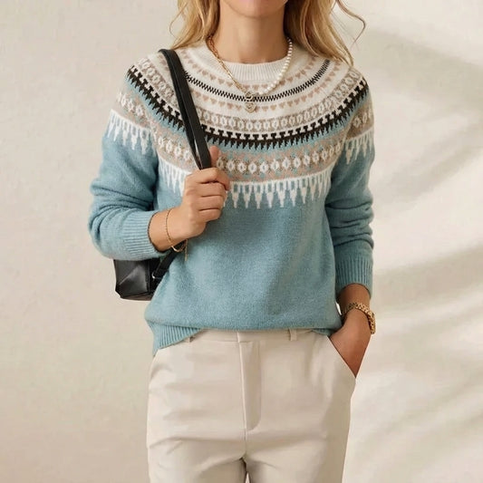 Alpine Meadow Fair Isle Sky Blue Nordic Yoke Crewneck