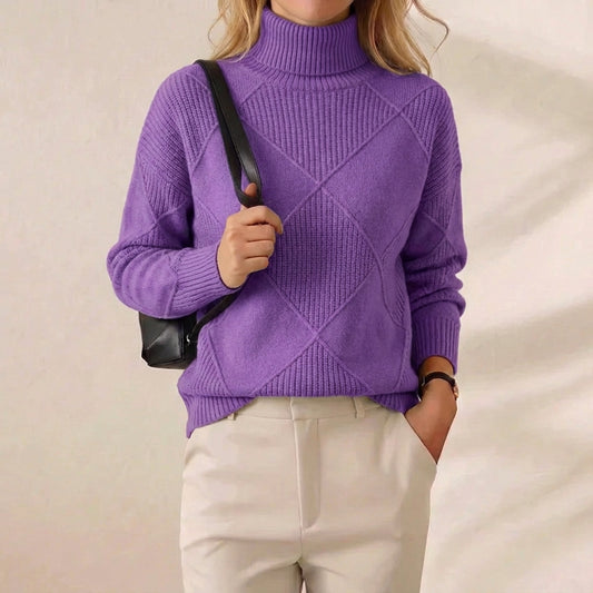 Amethyst Purple Diamond Texture Ribbed Turtleneck Pullover