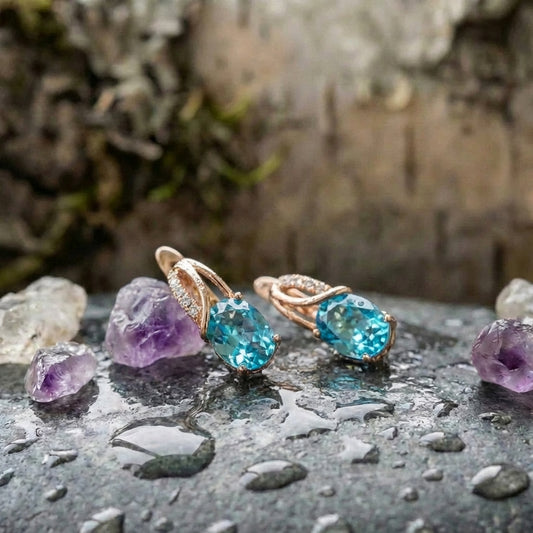 Aqua Blue Zircon Oval Stone Earrings