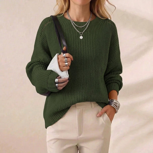Army Green Oversized Ribbed Crew Neck Knit Pullover