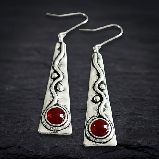 Artisan Silver Geometric Red Stone Earrings