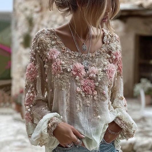 3D Floral Lace Applique Blouse