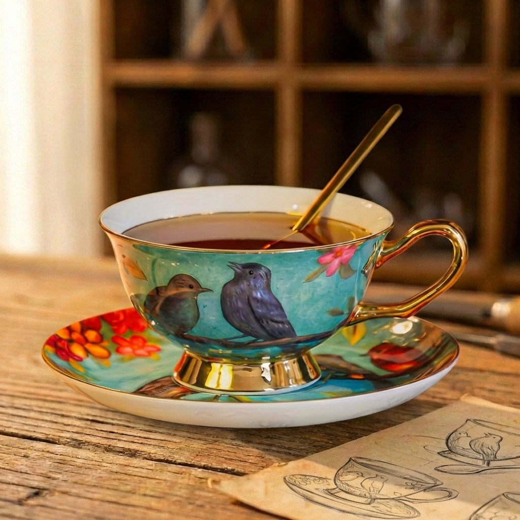 Birds & Flowers Gold Trim Tea Cup Set
