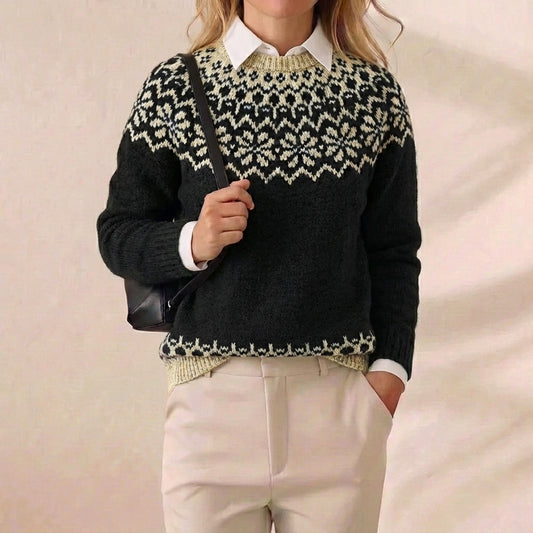 Black & Cream Leopard Fair Isle Yoke Crew Neck Knit Sweater