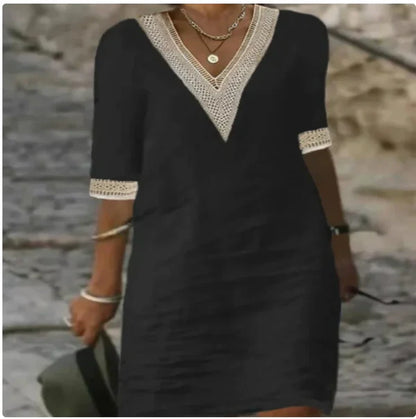 Crochet Trim V Neck Shift Dress