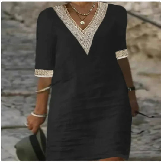 Crochet Trim V Neck Shift Dress