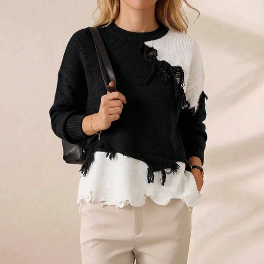 Black & White Colorblock Distressed Edge Crew Neck Sweater