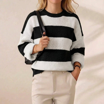 Black & White Wide Stripe Balloon Sleeve Crew Neck Sweater