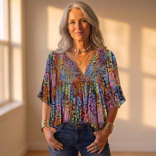 Blouse Multicolor With Floral & Smocked Pattern
