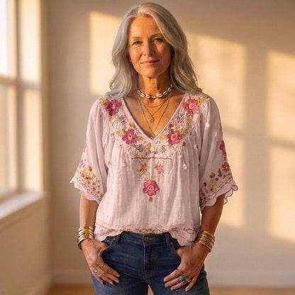 Blouse With Floral Embroidery & Crochet Trim