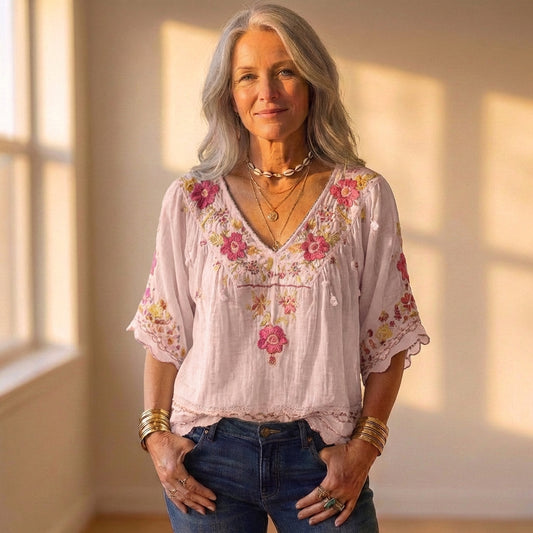 Blouse With Floral Embroidery & Crochet Trim