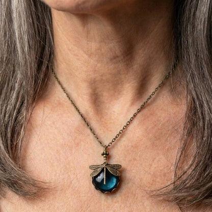 Blue Crystal Dragonfly Necklace In Antique Gold