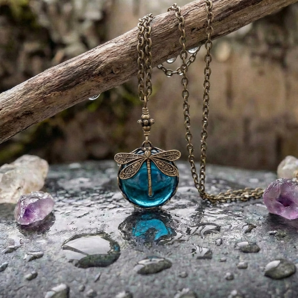 Blue Crystal Dragonfly Necklace In Antique Gold