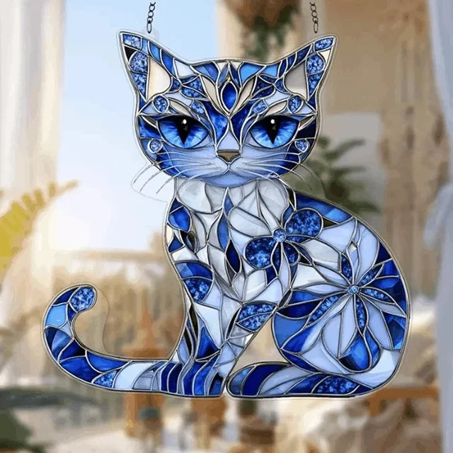 Blue Floral Pattern Cat Suncatcher