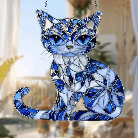 Blue Floral Pattern Cat Suncatcher