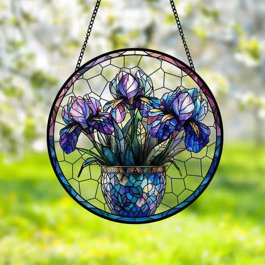 Blue Iris Vase Circle Suncatcher