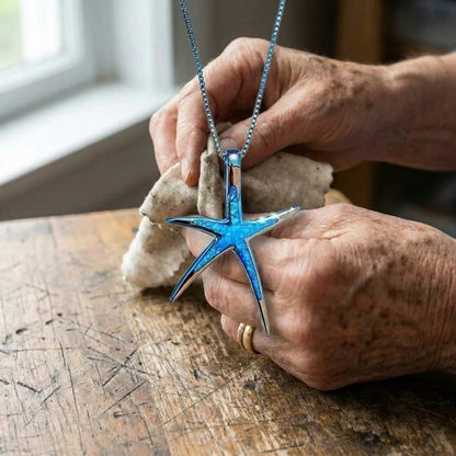 Blue Opal And Silver Starfish Necklace