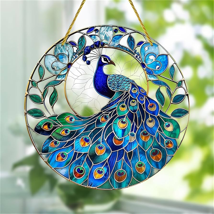Blue Peacock Feather Circle Suncatcher