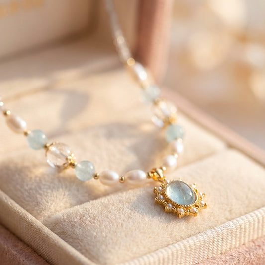 Blue Stone Zircon Freshwater Pearl Necklace