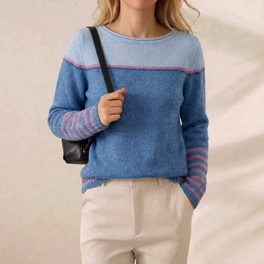 Bluebell Stripe Boatneck Blue & Pink Accent Sleeve Sweater