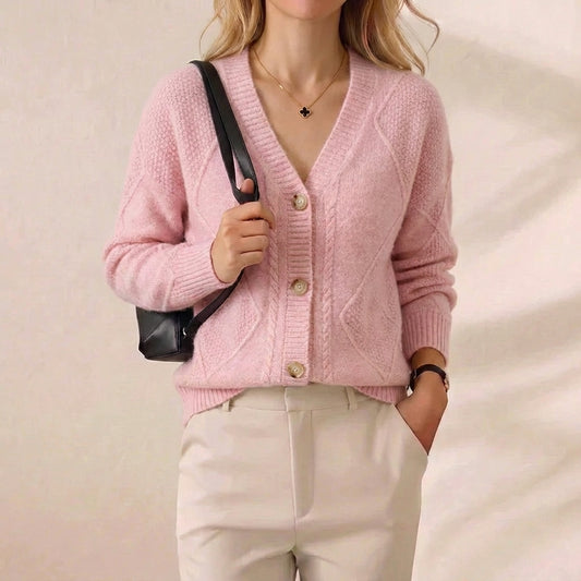 Blush Pink Diamond Cable Knit V Neck Button Cardigan
