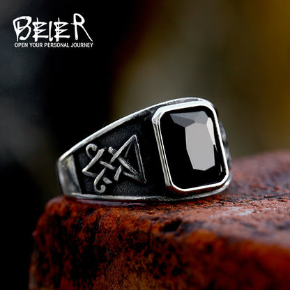 Beier Cross-border New Lucifer Satan Stainless Steel Ring European And American Retro Titanium Steel Inlaid Gem Ring