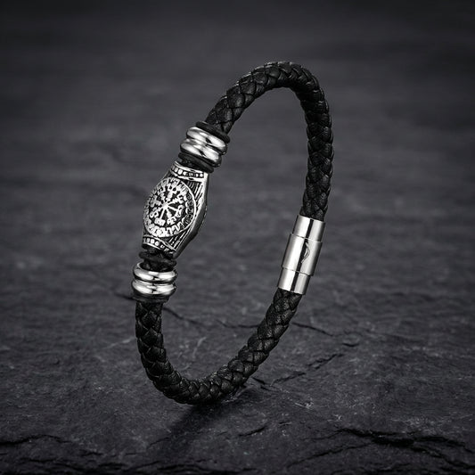 Braided Black Viking Compass Leather Bracelet