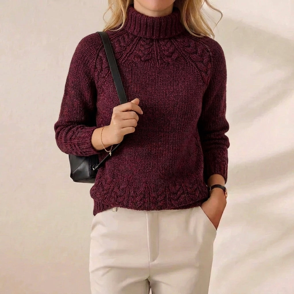 Burgundy Cable Yoke Turtleneck Knit Sweater