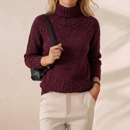 Burgundy Cable Yoke Turtleneck Knit Sweater