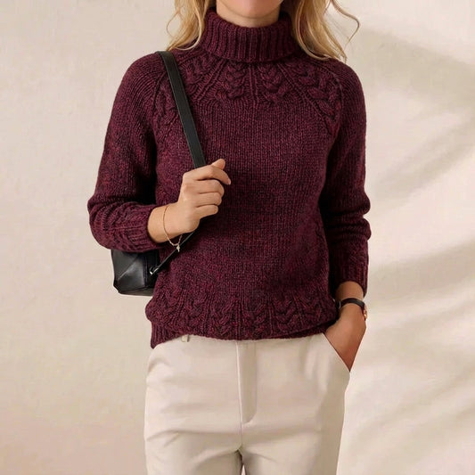 Burgundy Cable Yoke Turtleneck Knit Sweater