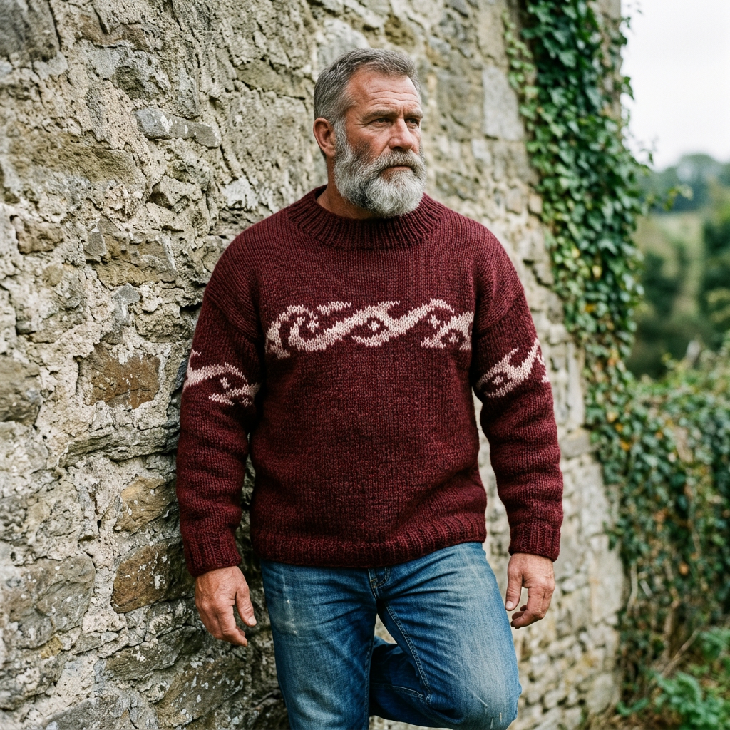 Burgundy Ocean Wave Intarsia Crewneck